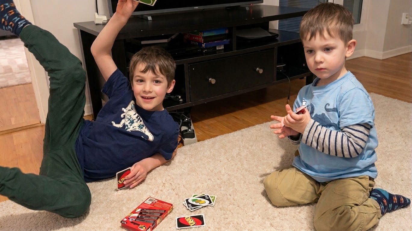 Kids playing a card game together